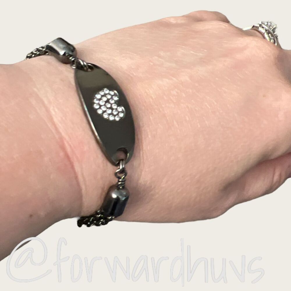 Gunmetal Chain Bracelet – Crystal Heart Accent – Multi-Strand